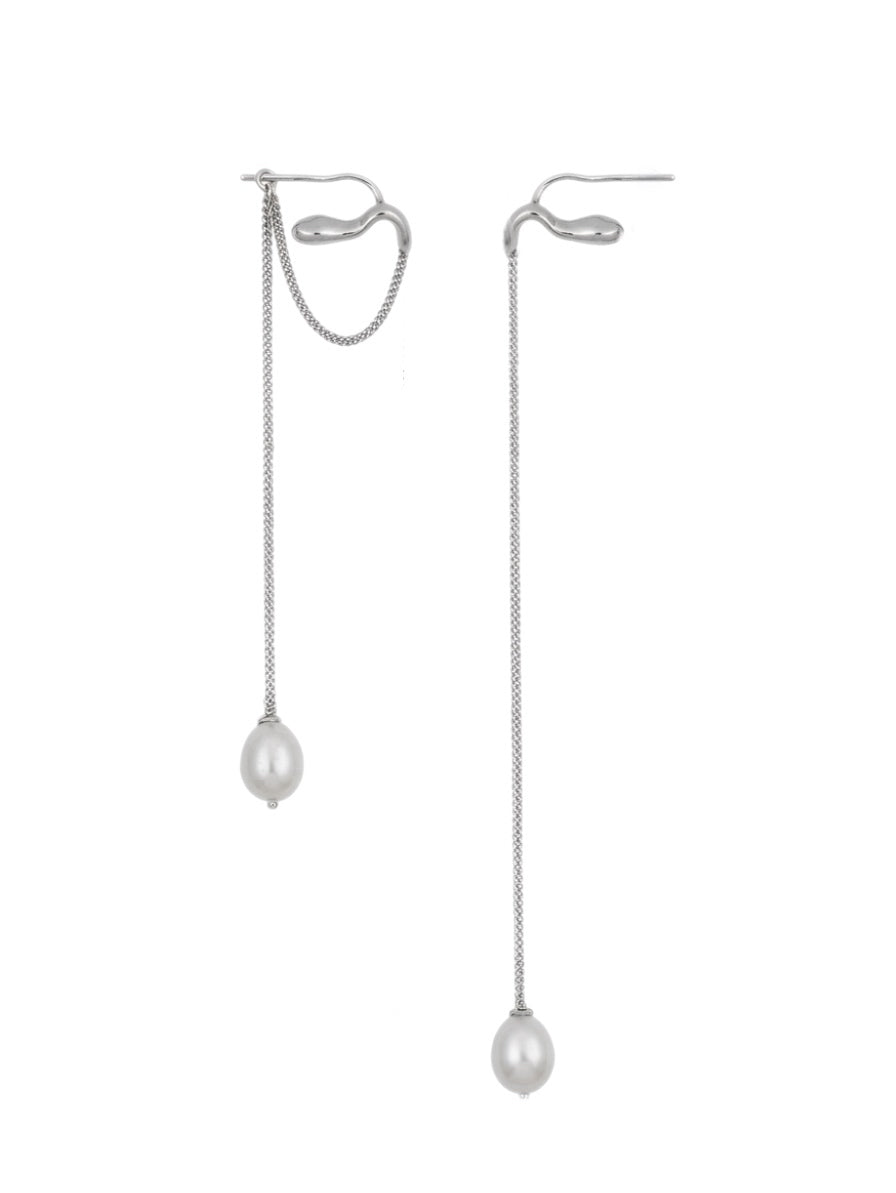 Fluid Asymmetric Pearl Drop Earrings in Sterling Silver