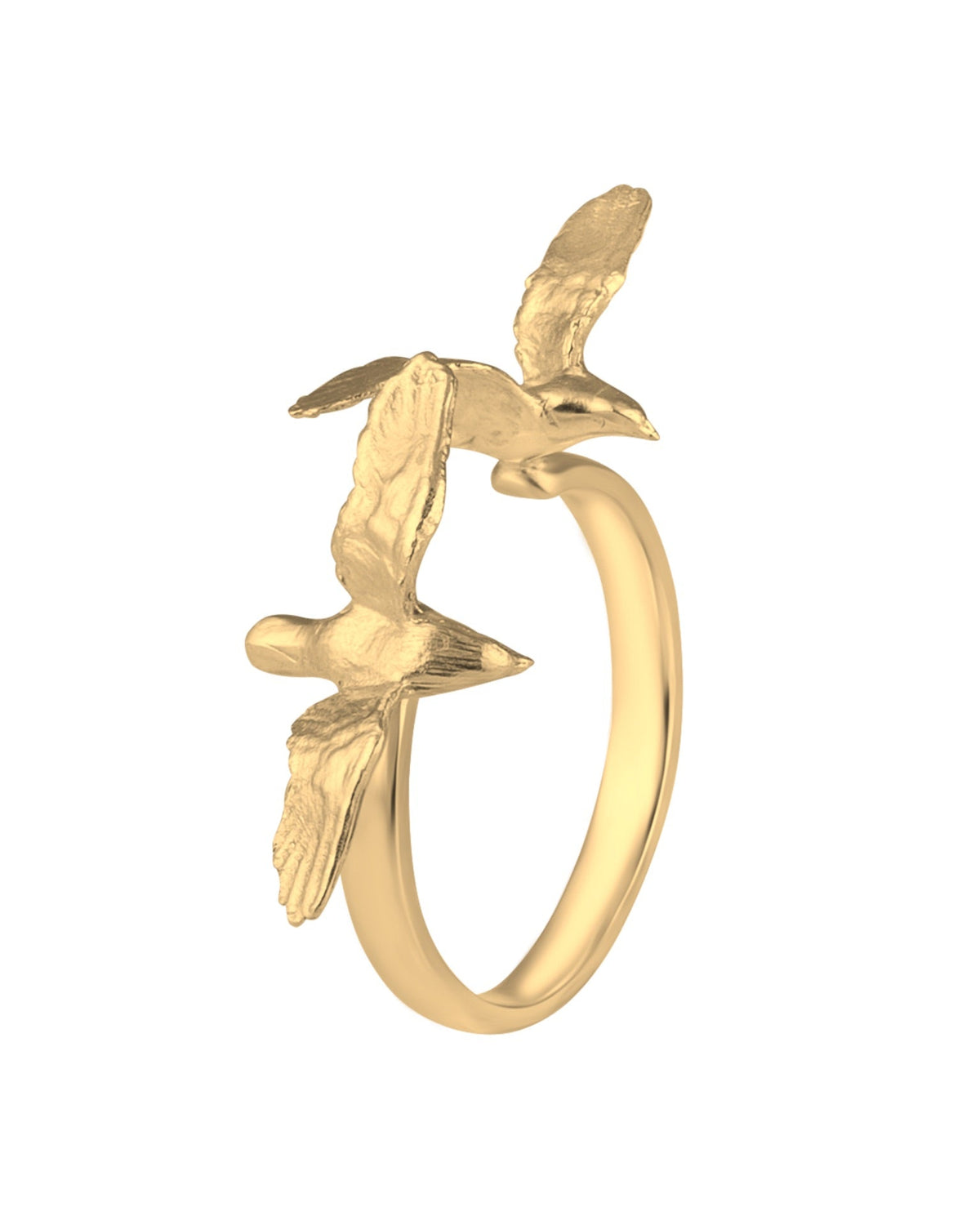 Close-up of the two sculpted silver birds and textured feather details on the AILES Grand ring