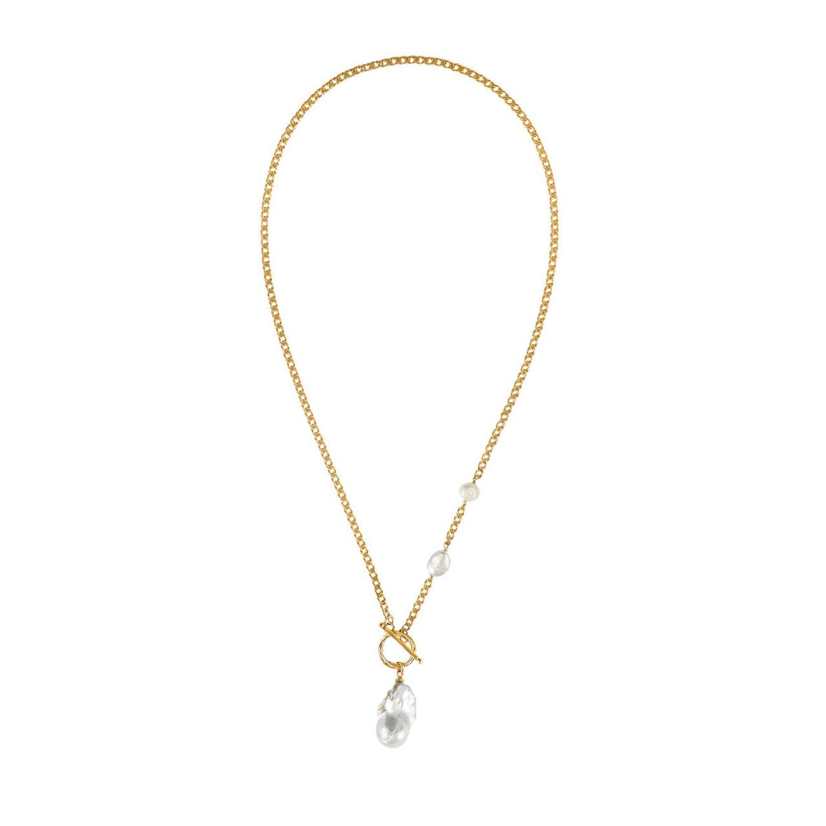 MOROCCO 24K gold-plated sterling silver necklace with a large baroque pearl and two freeform pearls