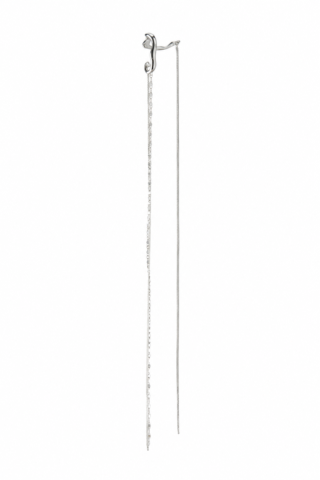 Rhodium plated sculptural sterling silver Hidden Ear Cuff with elongated chains, minimalist modern jewelry design