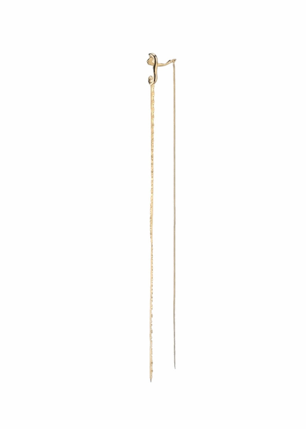 24K gold plated sculptural sterling silver Hidden Ear Cuff with long chains, minimalist modern jewelry design