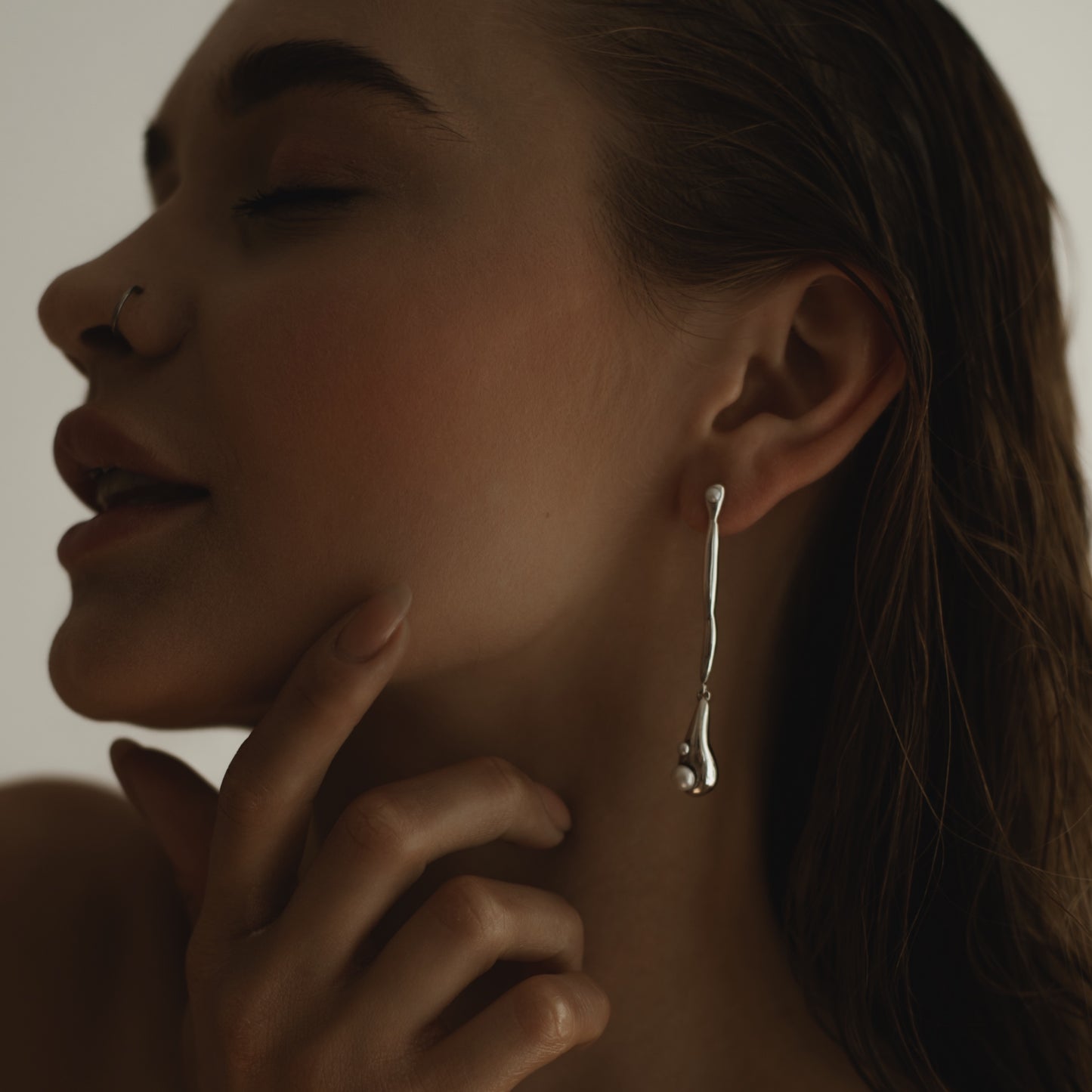 “Quiet water”  sterling silver sculptural drop earrings with pearls