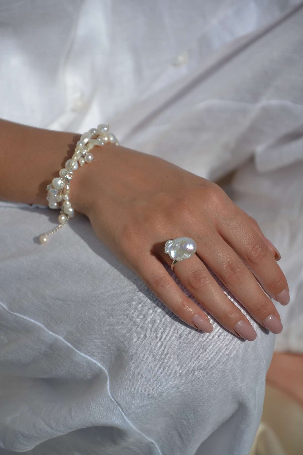 Rhodium plated sterling silver baroque pearl ring