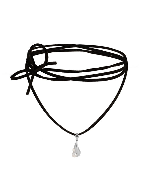 Tear Drop sterling silver pendant with natural pearls on a black velvet cord
