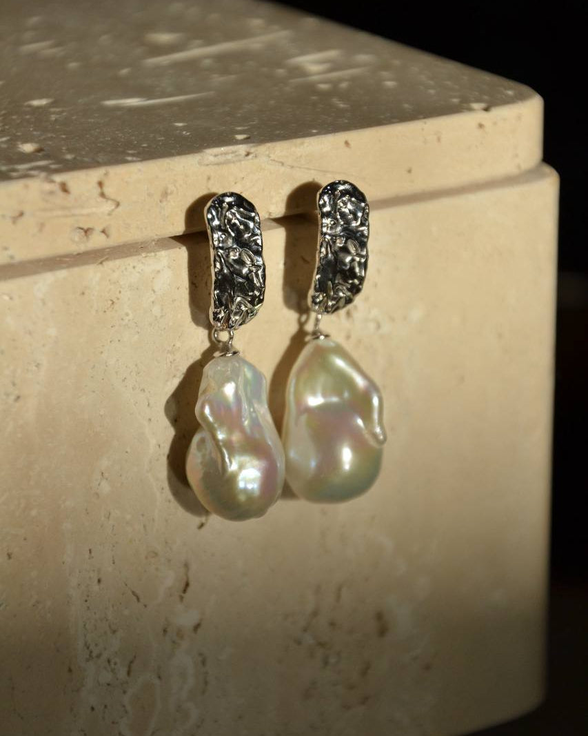 MEDINA baroque pearl drop earrings with textured sterling silver studs and oversized irregular pearls