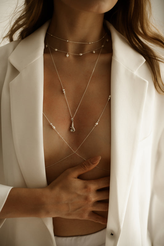 Tear Drop pendant necklace with rhodium plated sterling silver and natural pearls