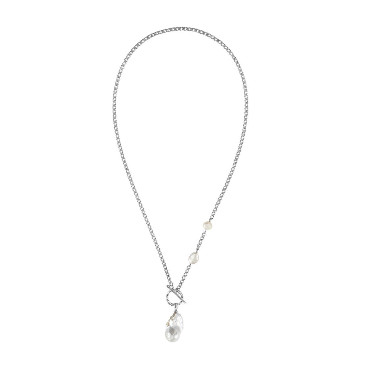 MOROCCO rhodium-plated sterling silver necklace with a chunky chain and natural baroque pearls