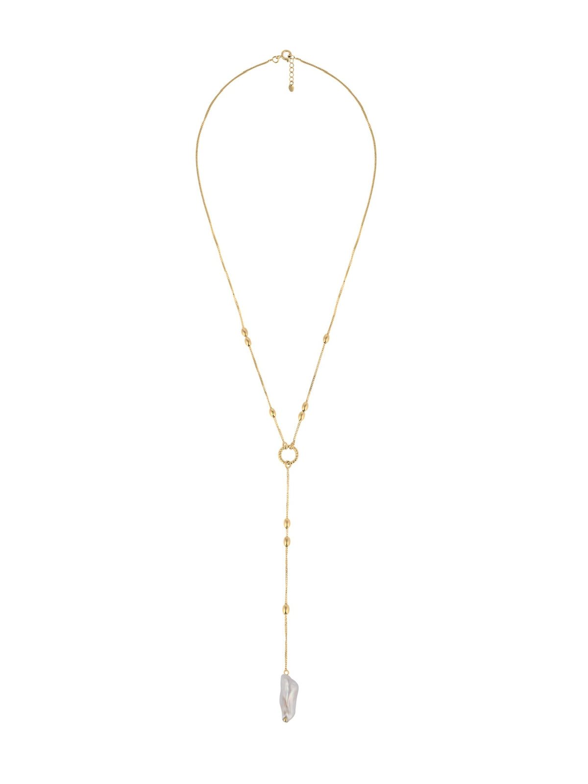 Gold-plated Olive necklace featuring elongated silver beads and a natural baroque pearl