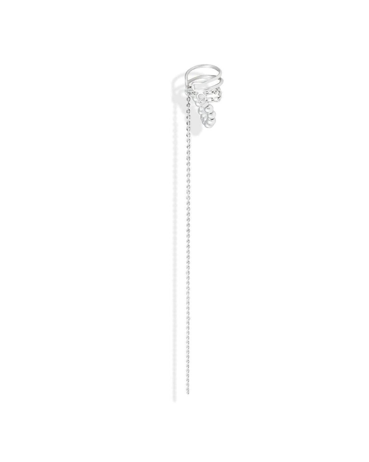 Miley sterling silver chain ear cuff with delicate silver spheres and a long dangling chain