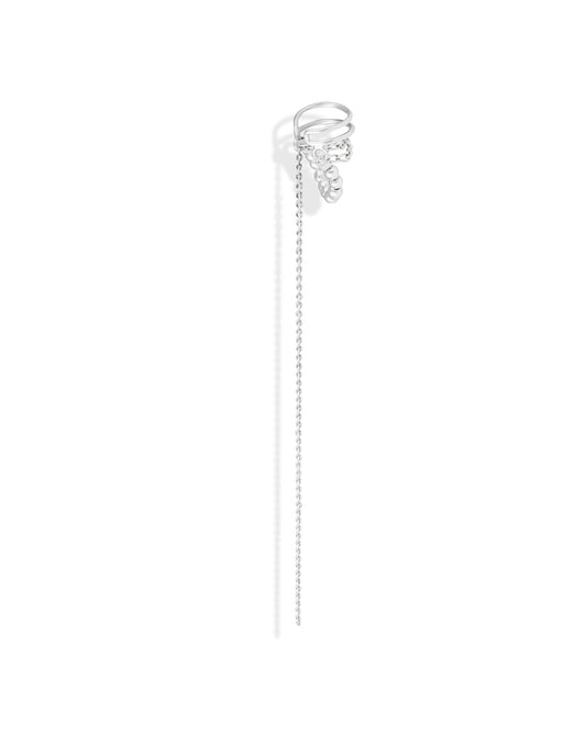 Miley sterling silver chain ear cuff with delicate silver spheres and a long dangling chain