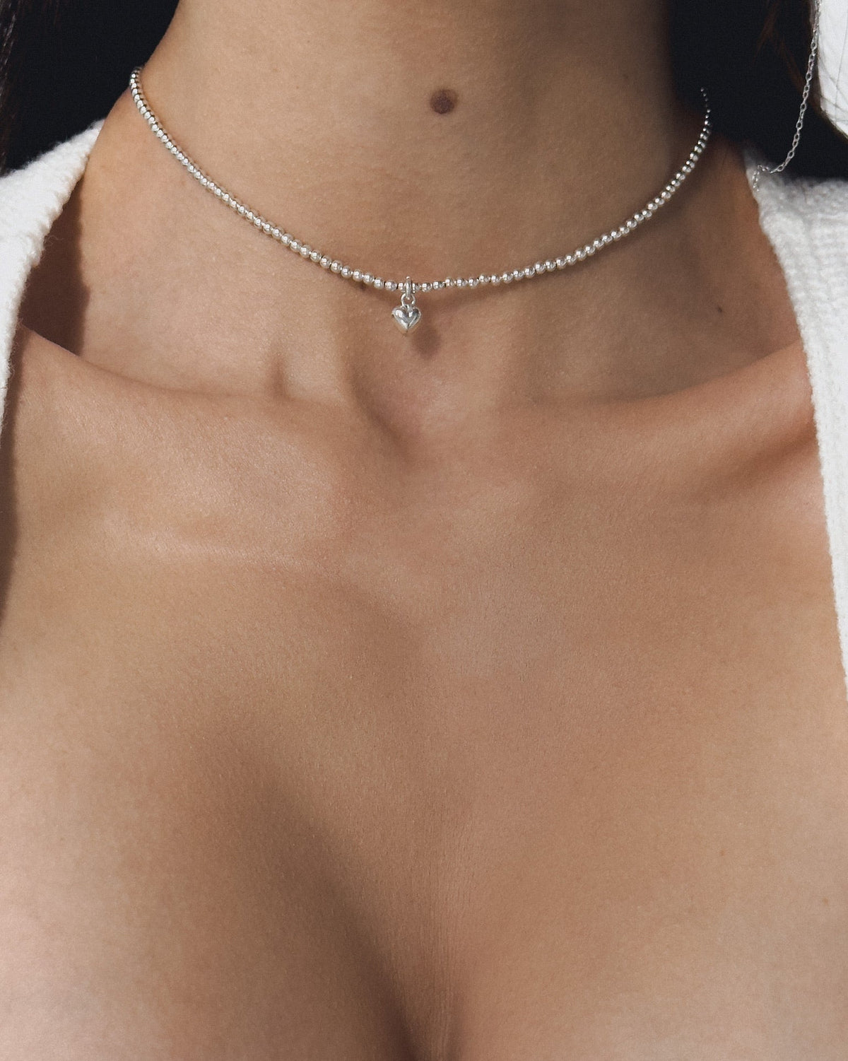 AIRY silver bead choker with a miniature 925 sterling silver heart pendant