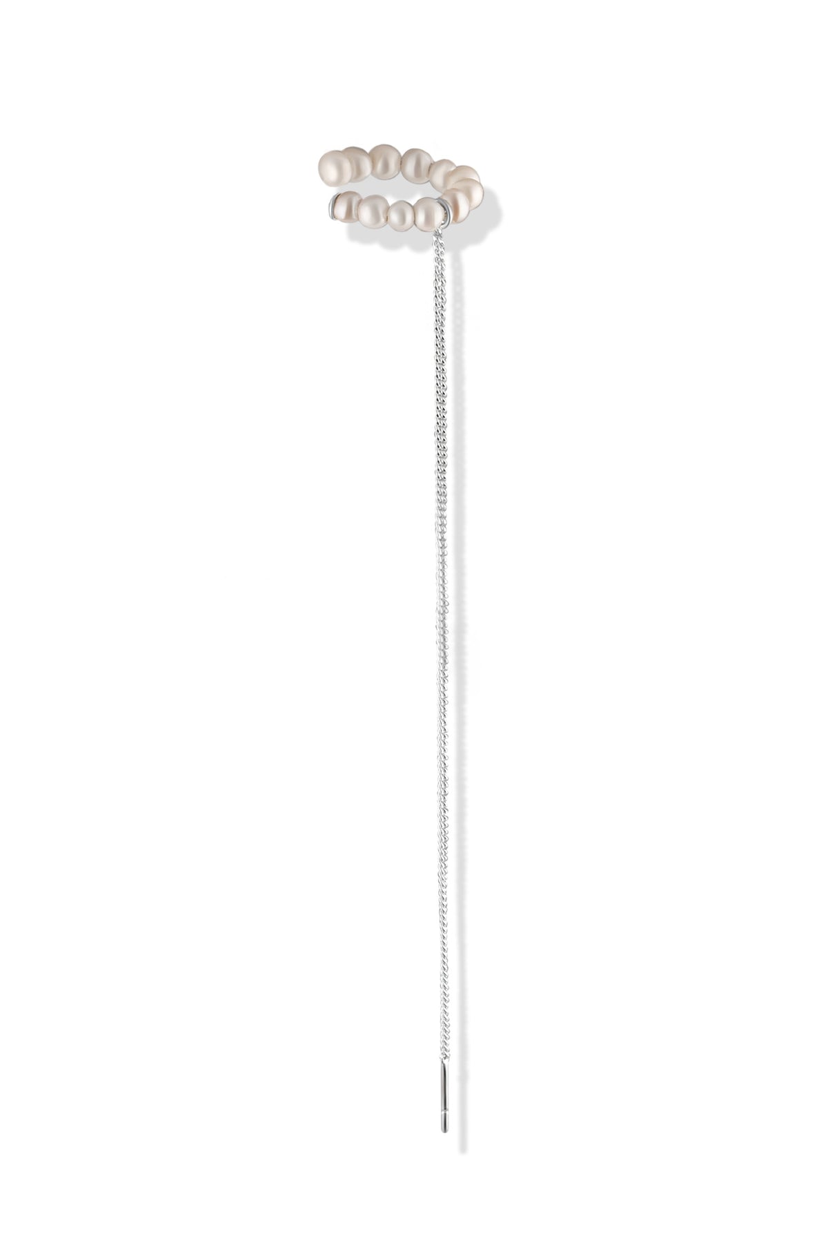 Pearl ear cuff with rhodium-plated sterling silver and a dangling chain