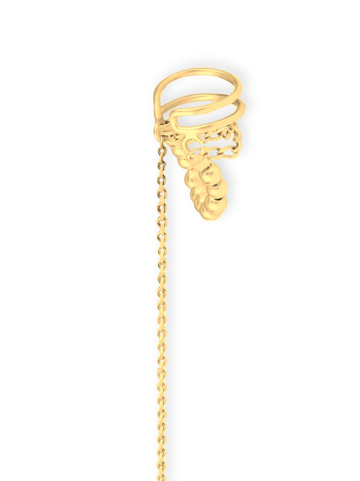 Miley gold-plated sterling silver ear cuff with a long chain and small silver spheres, worn on the ear