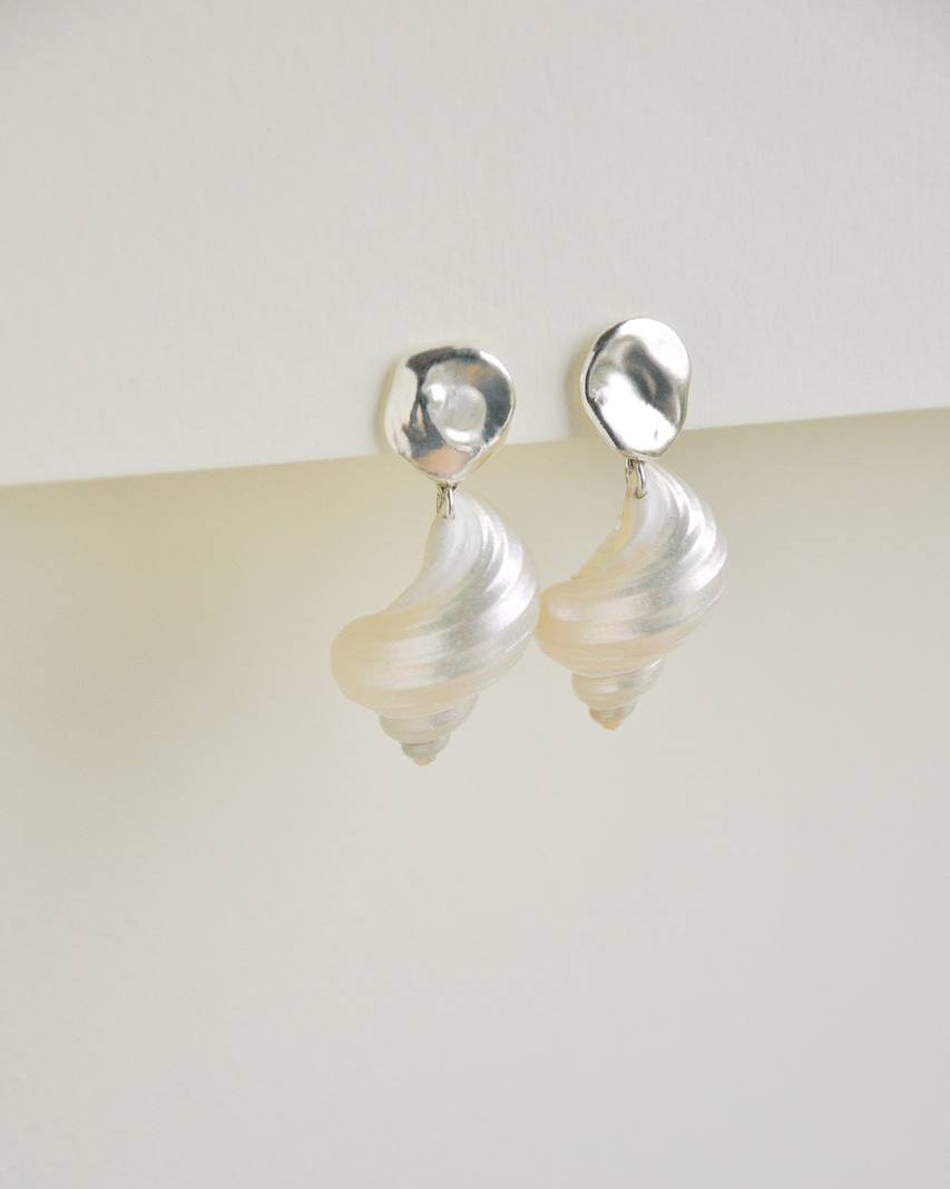 SirenCore shell drop earrings with sculptural sterling silver studs and naturally curved shell pendants