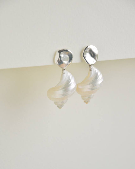 SirenCore shell drop earrings with sculptural sterling silver studs and naturally curved shell pendants