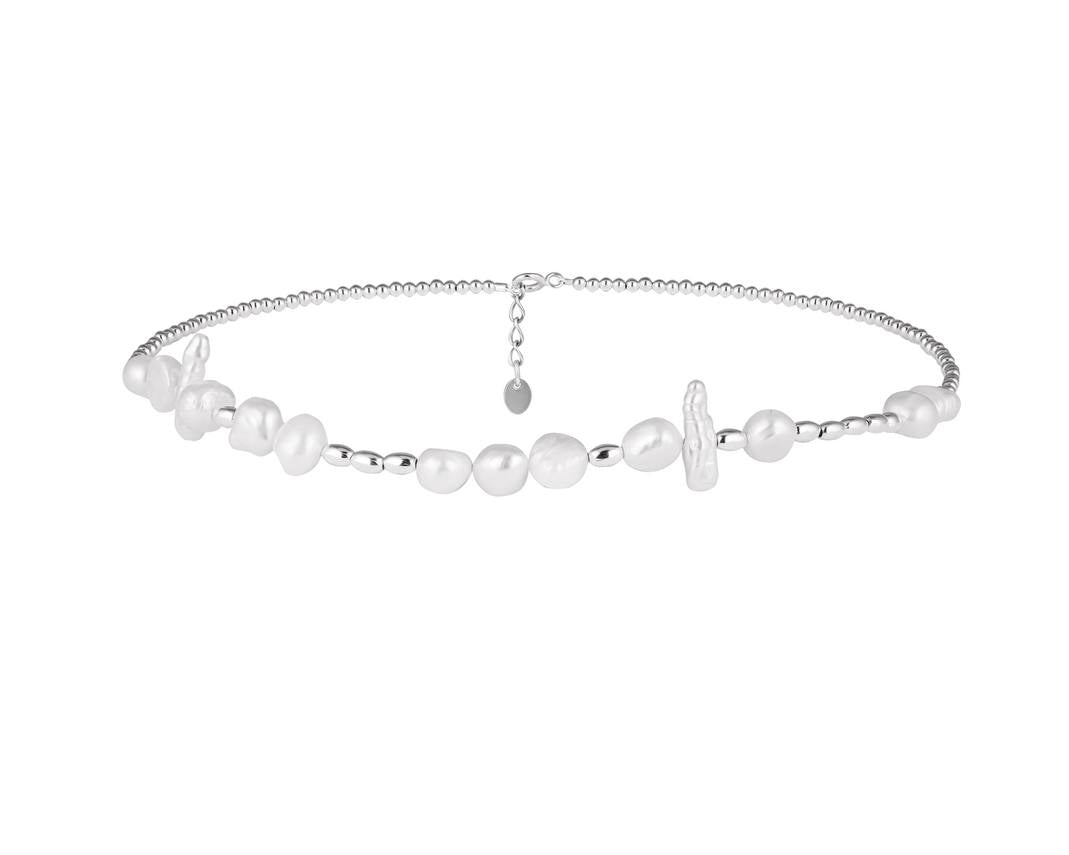 Rhodium plated Morse Code pearl choker with natural pearls