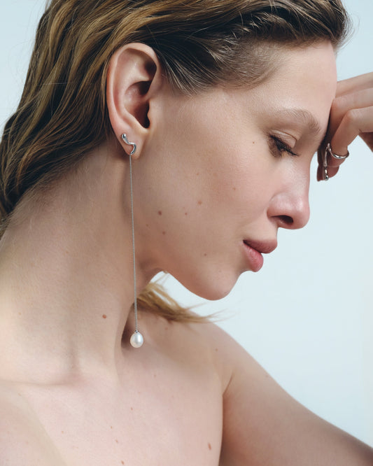 asymmetric pearl drop earrings sterling silver long chain
