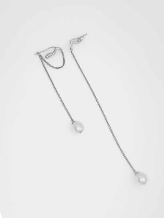 sculptural silver earrings with pearl drop on chain