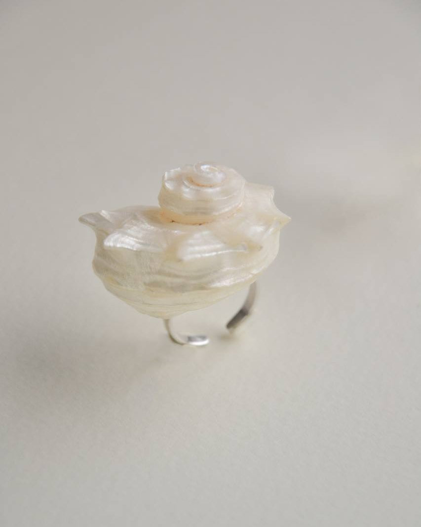 MARE sterling silver ring featuring an iridescent natural ocean shell, front view